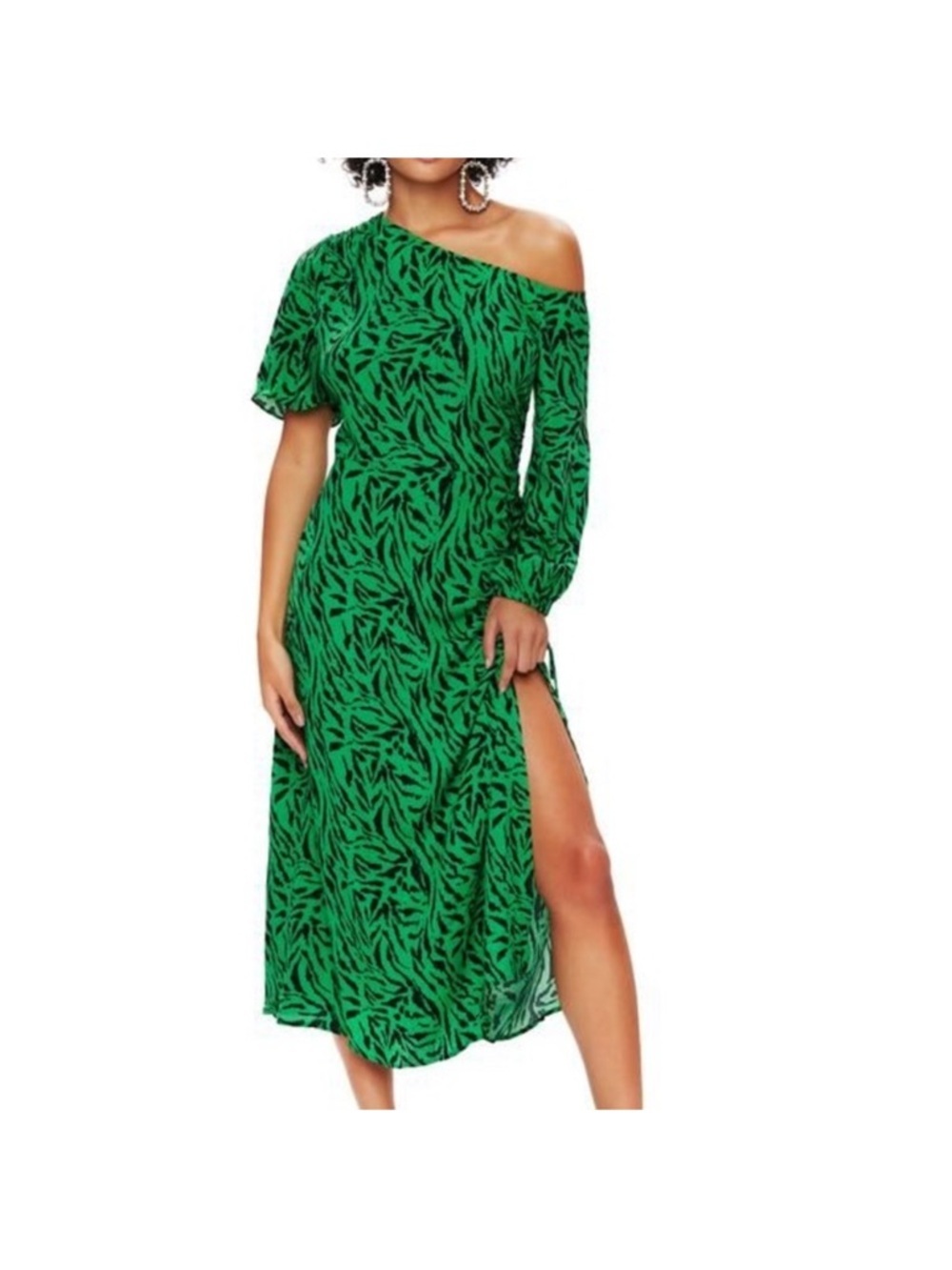 AFRM Revolve Green Zebra Side Slit MIDI Dress